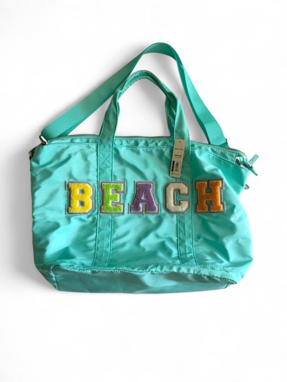 NWT Aqua Teal BEACH Chenille Patch Zip Tote Bag